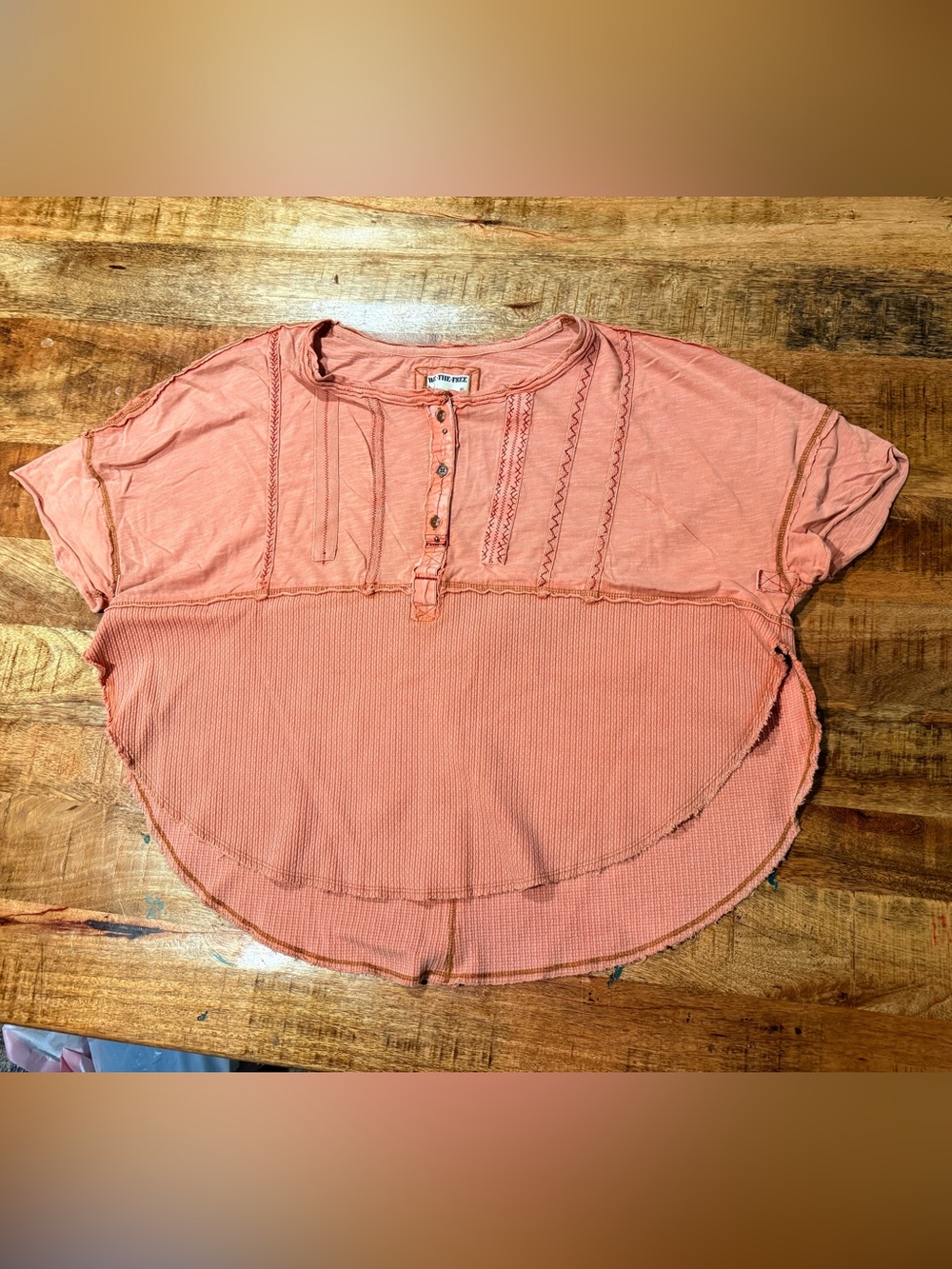 Free People We The Free Coral Ribbed Mixed Media High Low Top XS